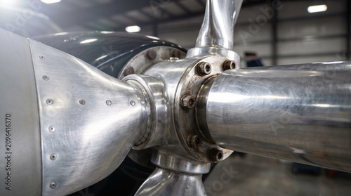 Polished metal propeller blades mounted on a vintage aircraft engine in a hangar.