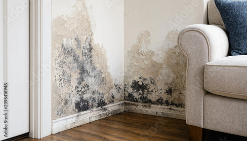 Severe black mold growing on a damaged interior wall in a residential home.
