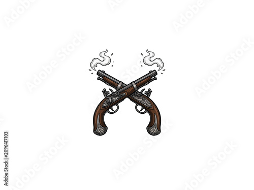 Foto Two Ornate Flintlock Pistols Crossed With Swirling Smoke Trails Emanating From T