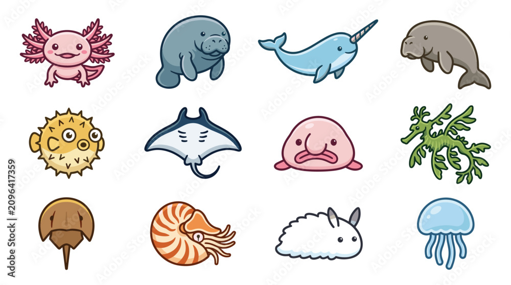Obraz premium Set of twelve cute cartoon sea creature vector icons.