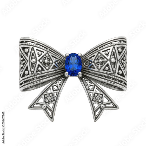 Luxury silver bow brooch, blue gemstone jewelry, ornate metalwork, sparkling accessory