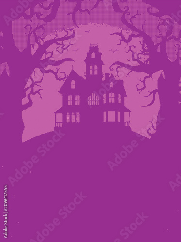 Foto Spooky haunted house silhouette against a full moon in a purple night sky