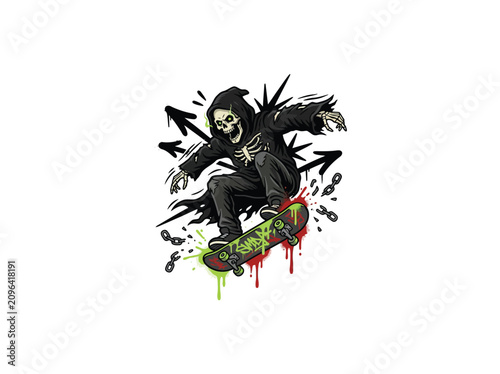 Billede på lærred Dynamic Illustration Of A Skeletal Grim Reaper Performing A Mid Air Skateboard K