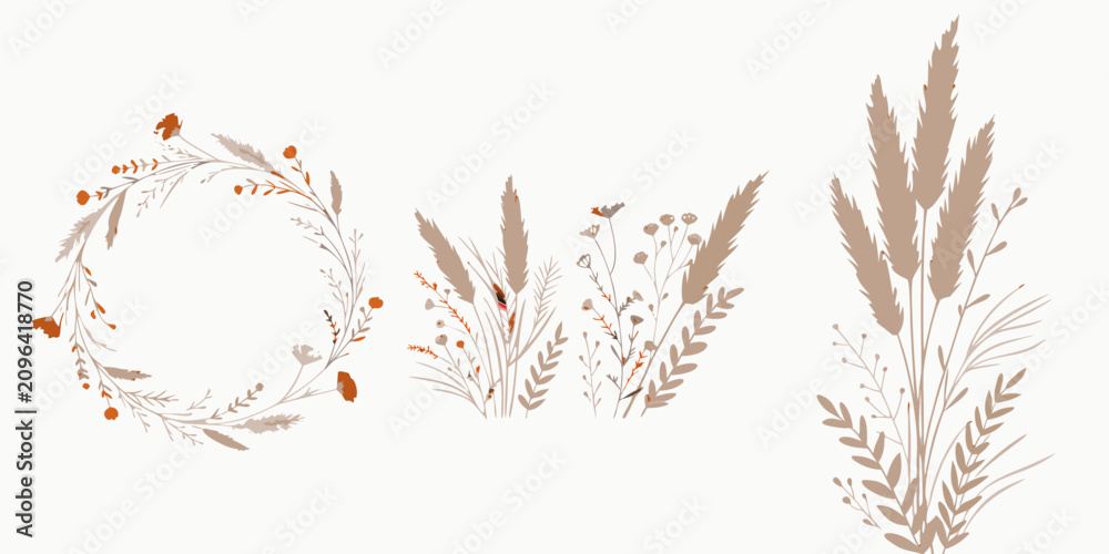 Obraz premium Autumn Wheat Ears with Wild Grass and Flowers Vector Illustration Isolated on White Background for Nature Harvest Seasonal Floral Decoration Design
