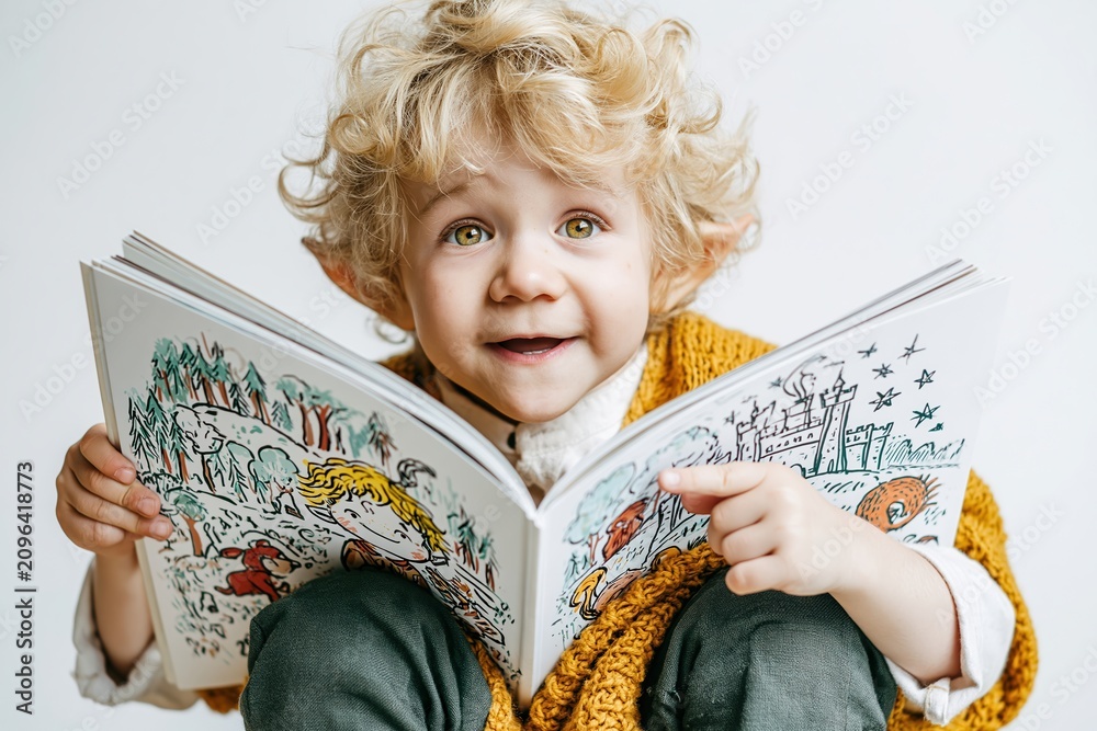 Obraz premium Happy Child Reading Illustrated Storybook