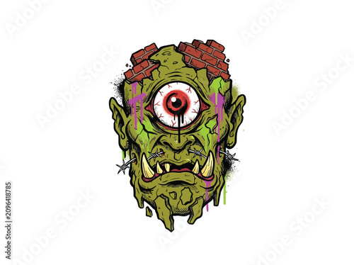 фотографія Melting Cyclops Monster Head With Single Large Bloodshot Eye, Dripping Neon Gree