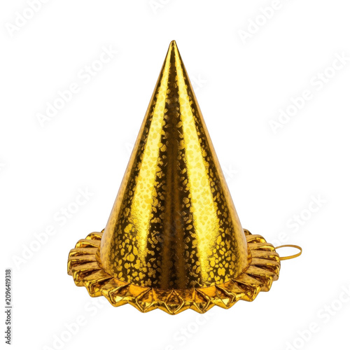 Golden party hat, shiny gold foil cone, festive celebration cap, metallic decoration
