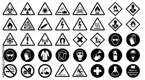 Set of industrial and chemical hazard warning signs and safety symbols in black and white vector format suitable for workplace safety manuals and laboratory signage