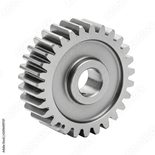 Metal gear, cogwheel, mechanical part, industrial component, silver metallic texture