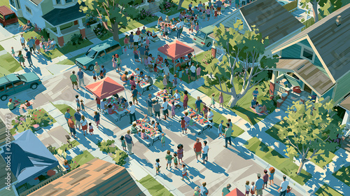 <Vibrant Community Street Festival Celebration With Food Vendors and Live Music in the Neighborhood>