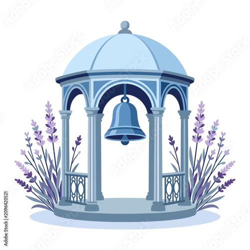Blue Garden Gazebo with Bell and Lavender Flowers Vector Illustration