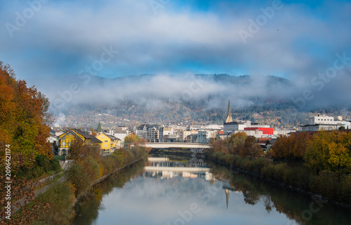 Villach city with the scenic Drava River, Austria