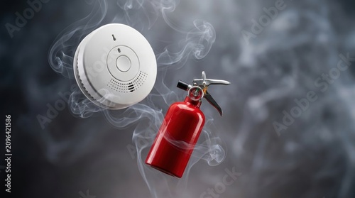 A white smoke detector and a red fire extinguisher are surrounded by wisps of smoke