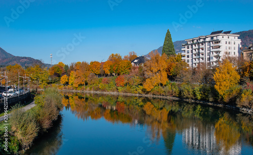 Villach city with the scenic Drava River, Austria