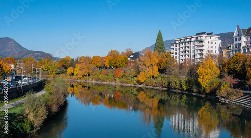Villach city with the scenic Drava River, Austria