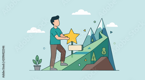 Εκτύπωση καμβά Man climbing mountain path with a star, symbolizing success and achievement