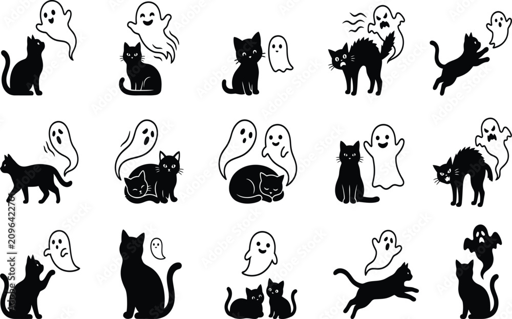 Fototapeta premium Spooky halloween vector bundle black cats ghosts perfect for fall designs