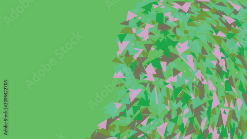 Konstfotografi Dense cluster of numerous small triangles in shades of green and soft pink creating textured organic visual effect on solid green background