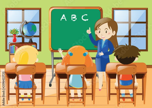 Teacher Teaching Students in Classroom with Blackboard School Education Vector Illustration
