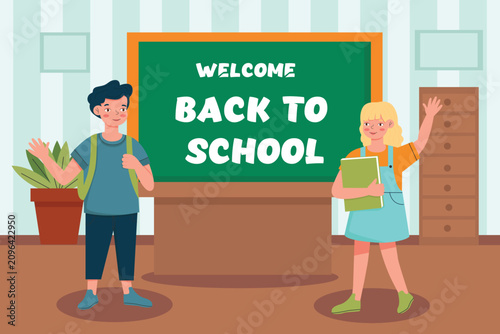 Happy kids in the classroom with the board, back to the school concept, cute characters. Vector illustration in a flat style in the theme of the school.