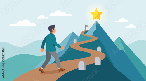 Fotografie Man walking on a winding mountain path towards a star, symbolizing success