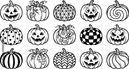 Schilderij op canvas Black and white illustrations of various decorative Halloween pumpkins and gourd