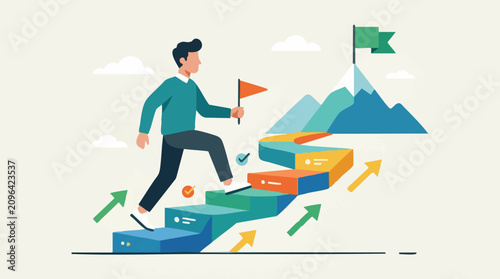 Fotografie Man climbing colorful stairs to mountain peak, symbolizing success and goal achi