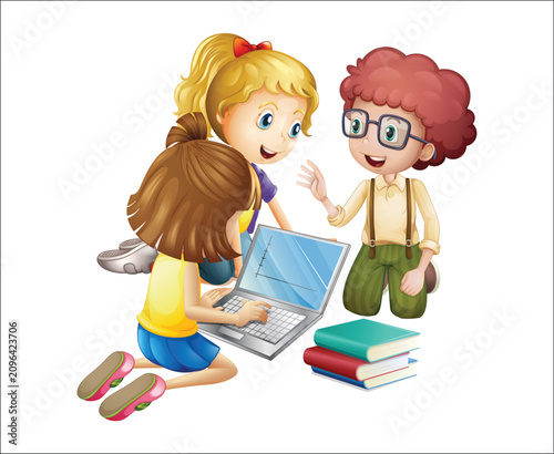 Happy School Children Using Laptop Together for Online Learning Education Vector Illustration