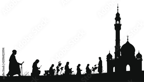 People silhouettes gather near a grand mosque structure during an evening walk to represent a communal religious experience in this highly stylized and clean graphic composition for thematic projects.
