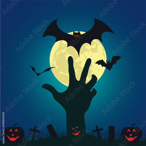 Halloween background with zombie hand reaching from grave and bats