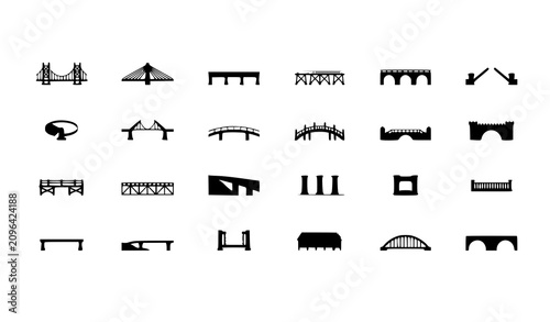 Billede på lærred Flat Cartoon Bridge Icon Set with Transportation River Crossing and Infrastructu