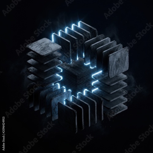 Black and Gold Metal Cross with Glowing Yellow and White Light 3D Business Success Symbol Illustration Featuring Gear Arrow Domino Teamwork Technology Finance and Connection Concept
