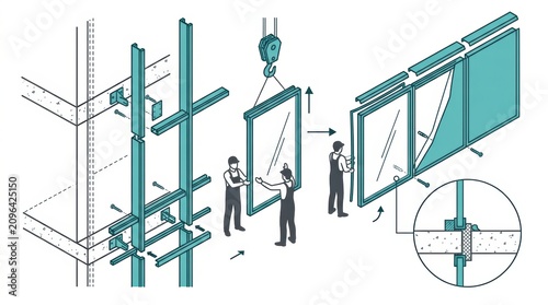 Construction workers install glass panels into a metal frame system on a building exterior