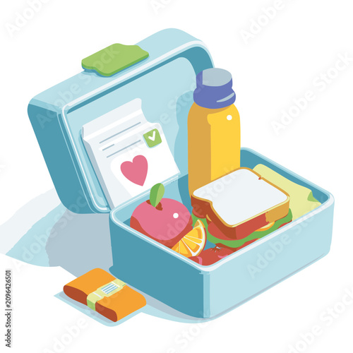 Modern Bright Vector Illustration Of Food Allergy Safe Lunchbox With Healthy Meal, Alert Bracelet, Checklist And Water Bottle On White Background For School Health And Careful Meal Preparation