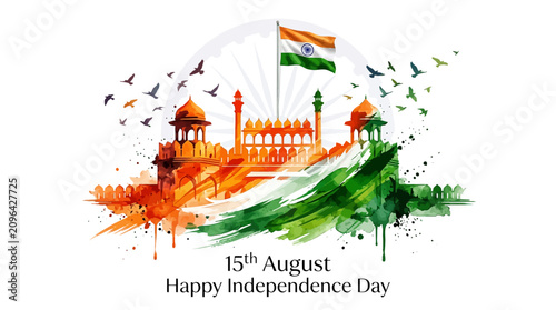 Cuadro en lienzo Indian Independence Day watercolor vector, 15th August celebration with Red Fort