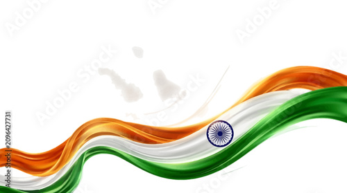 Konstfotografi Indian flag tricolor wave background, abstract orange white and green silk ribbo