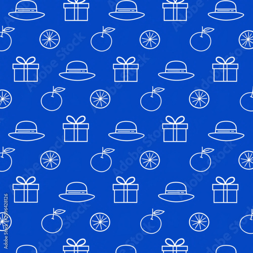 Christmas icons, gift boxes, hats, oranges, seamless pattern, blue background, white line art