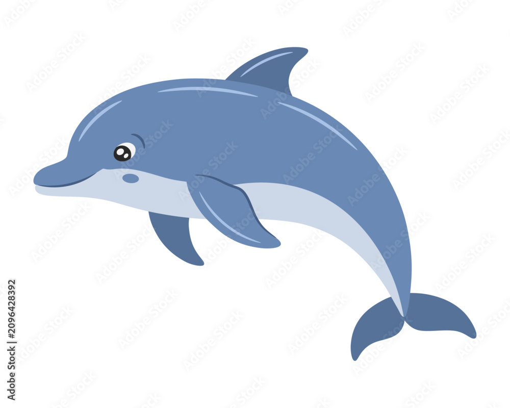Obraz premium Cute blue dolphin illustration with a smiling face and big eyes, friendly marine mammal character jumping, under the sea creature isolated on transparent background, nursery print graphic design