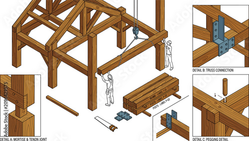 Εκτύπωση καμβά Technical illustration of timber frame construction showing assembly workers and