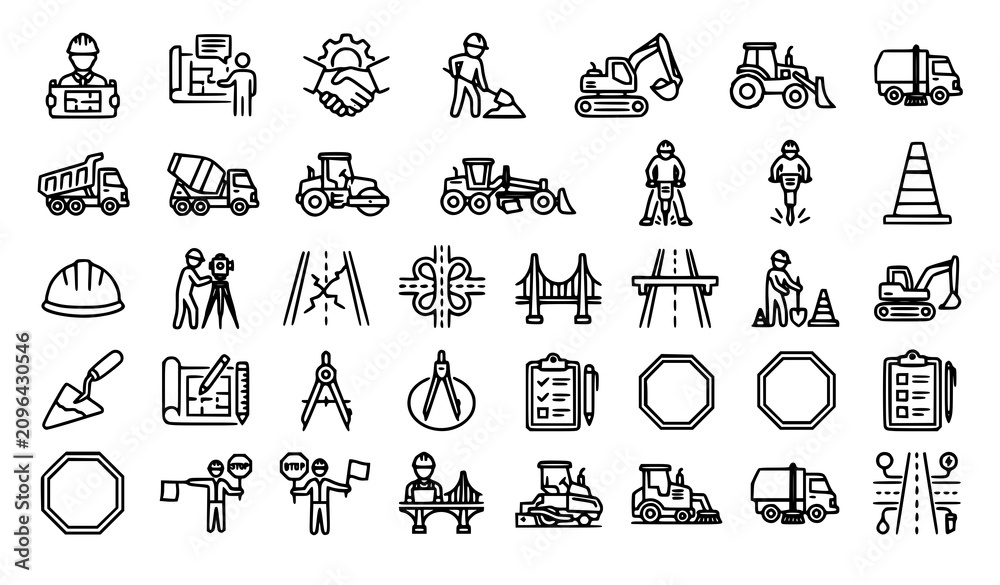 Fototapeta premium Road Construction and Civil Engineering Outline Icons Editable Stroke EPS Vector Collection