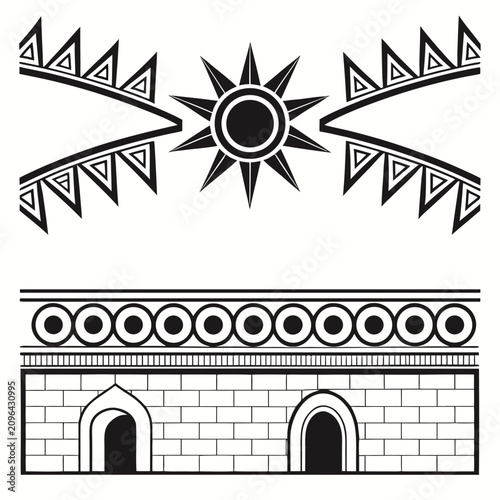 Foto Set of ancient assyrian and sumerian borders for historical design project or cultural illustration featuring symbolic sun motifs and architectural elements from mesopotamian civilization era