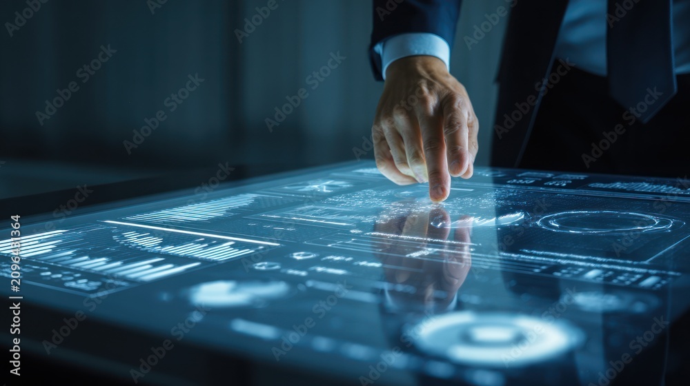 Naklejka premium Person interacting with futuristic digital data interface screen