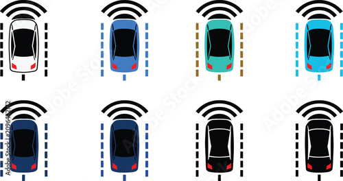 Photos Self driving autonomous car vector icons set with proximity radar sensor signal lane keep assist tech top view illustration