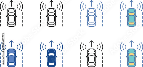 Smart car blind spot monitoring system icons set featuring rear radar sensor signal warning lane assist vehicle vector