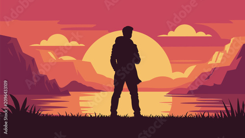 Fotografie Silhouette of a lonely man standing before a mountain lake at sunset, retro flat illustration, nature adventure and exploration, 20 words
