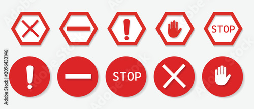 Foto Set stop red sign icon with white hand, do not enter