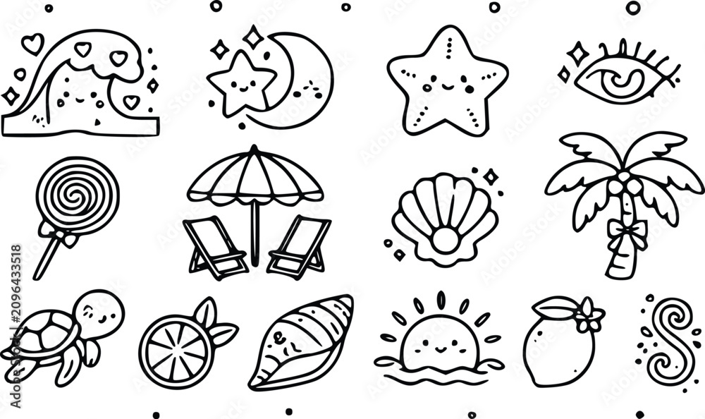 Fototapeta premium A collection of cute summer themed vector graphic icons featuring hand drawn black and white doodles for creative design projects
