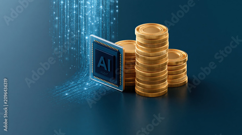 Ai agent business chip with streaming data beside stacked gold coin conveying digital finance