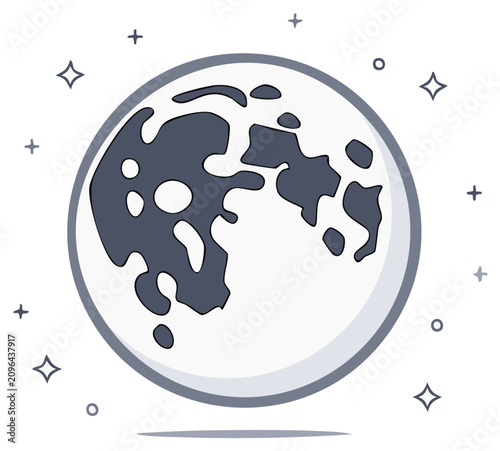Detailed Full Moon Illustration with Craters, Night Sky Concept, Stars and Lunar Surface, Astronomy Artwork