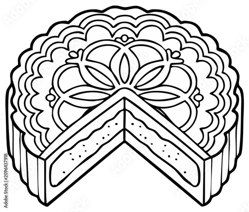 Mooncake Illustration with Slice Cut Out Outlined Moon Festival Asian Dessert Line Art Drawing